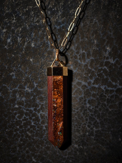 Boulder Opal, 14K Gold + Wild Dilly Wood Necklace