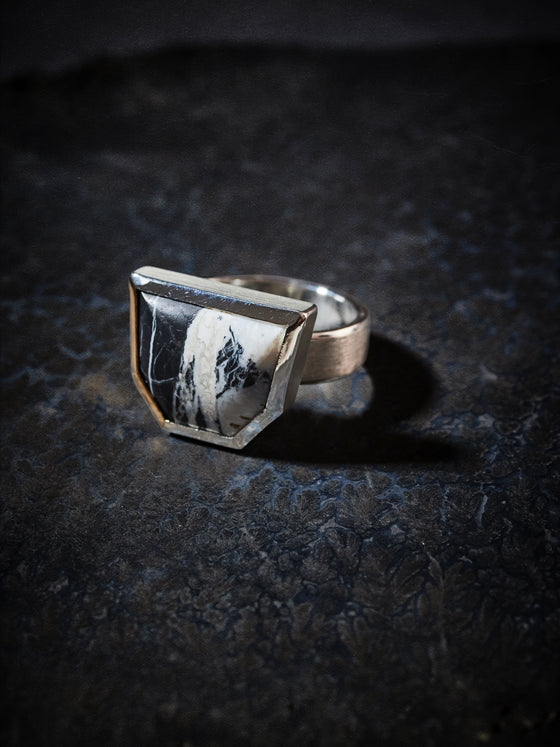 White Buffalo Turquoise, Sterling + 14K Gold Ring